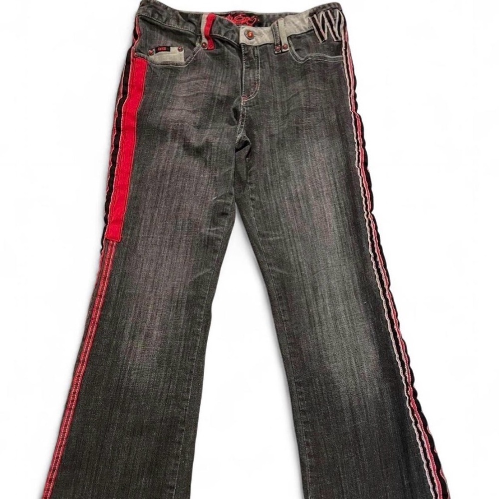 Vintage Lady Enyce Y2K Black Denim Flare Jeans with Red Side Stripe and Rhinesto
